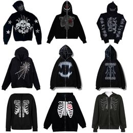 Men's Hoodies Sweatshirts Rhinestones Spider Web Skeleton Print Black Y2k Goth Longsleeve Full Zip Oversized Jacket American Fashion selling 230202