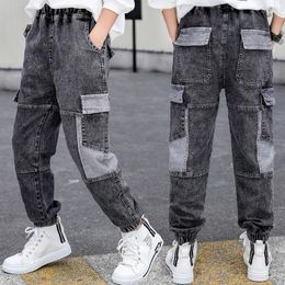 Jeans Printed Bouquet Foot Pants Children Joggers Cargo Boys Pockets Casual Techwear Kids Overalls Trousers SweatpantsJeans