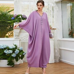 Ethnic Clothing Loose Cloak Abaya Dress Elegant Women Fashion Diamond Beading V Neck Bat Sleeve Split Dressing Gowns Kaftan Maxi Robe