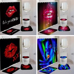 Shower Curtains Waterproof Bathroom Curtain Set With 12 Hook Toilet Seat Cover Bath Mat Non-slip Rug Carpet Red Lips Christmas Home Decor