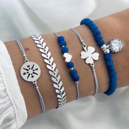 Link Bracelets Simple Fashion Blue Hand Braided Beaded Four-leaf Clover Boho Style Chain Charm Jewellery 5 Pieces/Set For Women