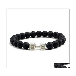 Charm Bracelets Lava Bracelet Black Volcanic Beads For Women Men Fitness Barbell Jewellery Mens Drop Delivery Dhcwf