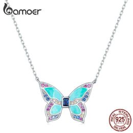 Pendant Necklaces Bamoer 925 Sterling Silver Colorful Butterfly Pendant Necklace Insect Neck Chain for Women Birthday Gift Fine Jewelry BSN306 G230202