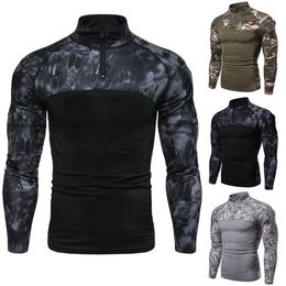 Spring Camouflage Printed Splice Slim Tops T-shirt For Men High Street Long Sleeve Zipper Round Neck Casual Tee Tshirt G1815