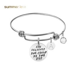 Charm Bracelets Inspirational Engraved Adjustable 26 Initial Letters Bracelet Bangles She Believe Cod So Did Positive Jewelry Drop De Otnw5