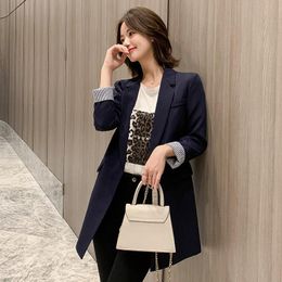 Women's Suits & Blazers Autumn Spring Mid Lenght Blazer Women Large Size Office Ladies Blue Black Casual Fall Korean Female Slim Long Coat J