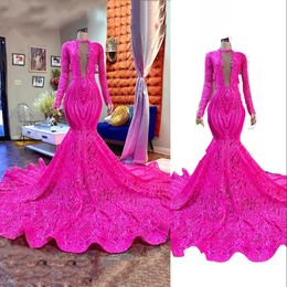 2023 Bling Fuchsia Prom Dresses Mermaid Long African Black Girl Long Sleeves Sparkly Sequin Keyhole Sequined Lace Luxury Party Evening Dress Sequins