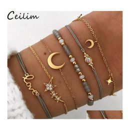 Link Chain Bohemian 6 Pcs/Set Love Star Moon Charm Bracelets For Women Crystal Beaded Blue Weave Rope Summer Beach Jewelry Accessor Otvwu