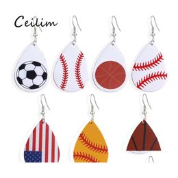 Charm Arrival Teardrop Pu Leather Earrings Baseball Basketball Football Volleyball Sport Dangle Earring For Women Jewelry Gifts Drop Otf7K