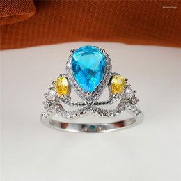 Wedding Rings Luxury Light Blue Water Drop Zircon Stone Ring Female Crown Vintage Silver Color Engagement For Women