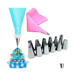 Baking Pastry Tools 14 Pcs/Set Sile Icing Pi Cream Bag Add12Pcs Stainless Steel Nozzle Tips Converter Diy Cake Decorating Drop Del Dhhjc
