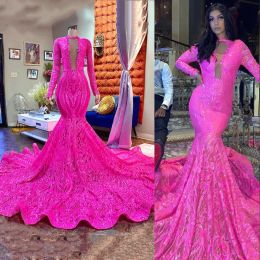 2023 Fuchsia Evening Dresses Mermaid Long Sleeves Lace Applique V Neck Illusion Bateau Custom Made Formal Occasion Wear Arabic Prom Gown vestidos