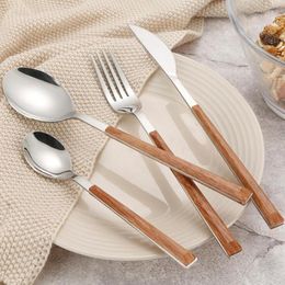 Dinnerware Sets 4Pcs 304 Stainless Steel Tableware Set Glossy Wood Silver Western Knife Fork Teaspoon Cutleries