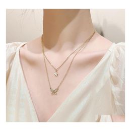 Pendant Necklaces Fashion Jewelry Double Layer Necklace Crystal Rhinestone Butterfly Flower Choker Drop Delivery Pendants Dh8Wq