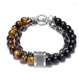 Strand Unique Design Natural Tiger Eye Stone Beaded Men Bracelet Top Homme Stainless Steel Link Chain Bracelets Male Gifts Drop