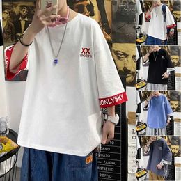 Men's T-Shirts Trendy Brand Design Bifurcate Tie Rope Printing Letter Top Man Summer New Preppy Style Short Sleeve Extended Section T-shirt Y2302