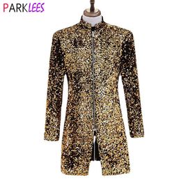 Men's Suits Blazers Mens Luxury Gold Shiny Long Blazer Jacket Brand Stand Collar Zipper Suit Jacket Men Party Show Stage Prom Singer Costumes 230202