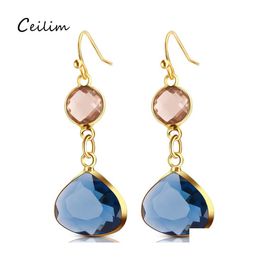 Dangle Chandelier Womens Fashion Crystal Earrings Rhinestone Blue/Pink Glass Black Copper Sweet Metal Ear For Girl Gift Wholesale Otxus