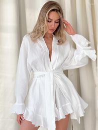 Women's Sleepwear Linad Ruffle Women's Nightwear White 2 Piece Sets Cotton Long Sleeve Pajamas Sashes Loose Suits With Shorts 2023