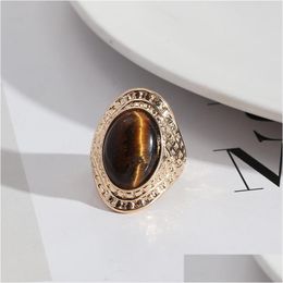 Solitaire Ring Retro Gold Oval Tigers Eye Stone Rings Fashion Inner Dia 1.7Cm Color Band Jewelry For Women Men Drop Delivery Dhgarden Dhdzy