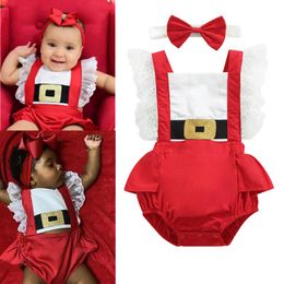 Rompers Christmas Baby Girls Cute Romper With Bow Knot Lace Ruffles Sleeve Color Patchwork Hem Backless Jumpsuits 0-24M