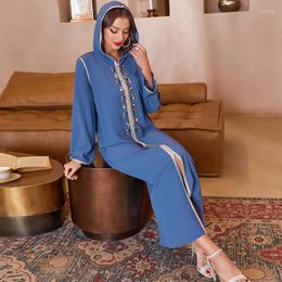 Ethnic Clothing Dress Blue Hand Sewn Diamond Panel Silver Webbing Hooded Robe Elegant Long 2023 Fashion Ramadan Dresses Muslim Abaya