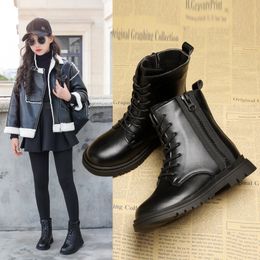 Sneakers Chic Girls Boots Black with Zipper Warm Cotton Fashion Children Thin British Style School Autumn Winter 2737 230202