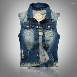 Men's Vests Denim Waistcoat Patchwork For Men 5XL Plus Size Slim Holes Jean Jacket Letter Embroidery Casual Male Colete Gilet