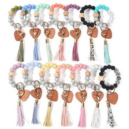 14 Colors Valentines Mothers day love wood chip silicone bead bracelet keychain Party Favor Wristlet key chain Tassels handchain keys ring FY3524