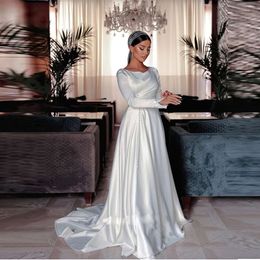 Modest Silk Satin Garden a linea Abiti da sposa Bottoni da sposa da sposa Mlassa lunga Simple Vestido de Mariages