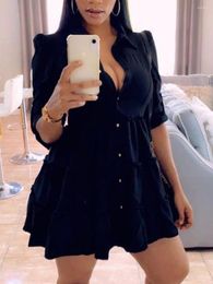 Casual Dresses LW Black Mini Shirt Dress Button Flounce Design Single Breasted Gorgeous Solid Long Sleeve Turndown Collar Regular Skirt