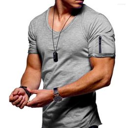 Men's T Shirts Men Solid Colour Zip Pocket V Neck Short Sleeve T-shirt Fit Plus Size Tee Top Punk