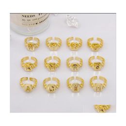 Band Rings Women And Men 26 Letters Alphabet Microintraflash Retro Opening Adjustable A To Z Gold Color Ladys Gift Girl Jewelry 3546 Dh2Ee