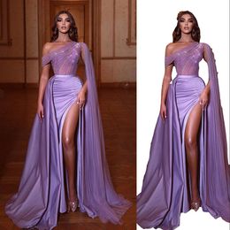 2023 Purple One Shoulder Prom Dresses Sexy Crystal Beading Top Side Split Ruched Satin Tulle Arabic Dubai Females Robe de Soiree with Cape Mermaid Evening Gowns