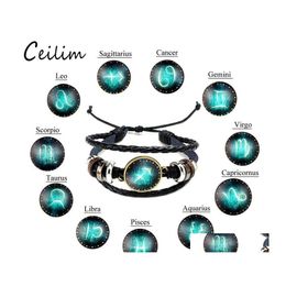 Link Chain Fashion Jewelry Design Twee Constellations Leather Bracelets Retro Handwoven Beads Diy Zodiac Bracelet For Women Men Gif Othr9