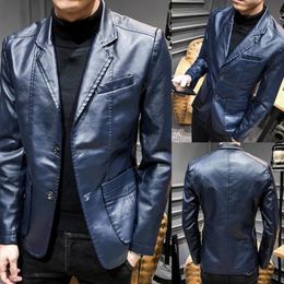 Men's Suits & Blazers Men Jacket 2023 Solid Colour Faux Leather Suit Jackets Male Slim Long Sleeve Lapel Business Blazer Coat For Autumn Wint