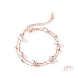 Link Chain Double Layer Pearl Bracelet Simple And Sweet Rose Gold Plated Titanium No Fading Link 3382 Q2 Drop Delivery Jewellery Brace Dhm4W