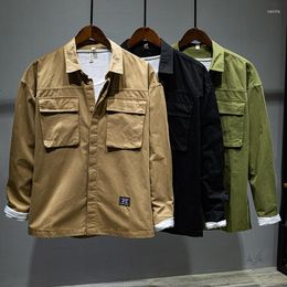 Men's Jackets Autumn Male Trendy Cargo Shirts Cotton Khaki Lapel Vintage Simple Loose Multi-Pocket Outdoor Camping Tooling Men Daily Coat