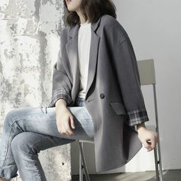 Women's Suits & Blazers PEONFLY Fashion Grey Check Cuffs Blazer Coat Autumn Office Lady Ladies Slim Buttons Long Loose Formal Casual Outerwe