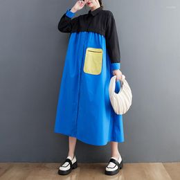 Casual Dresses 2023 Autumn Spring Korean Vintage Patchwork Blouse Woman Dress Loose Cotton Fashion Maxi Long Lapel Shirt Women