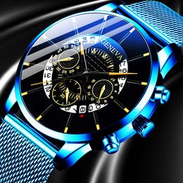 Wristwatches Fashion Mens Business Casual Date Calendar Watches Luxury Blue Stainless Steel Mesh Belt Quartz Watch For Man ClockWristwatches