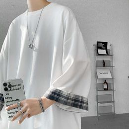 Men's T-Shirts Spring Summer T-shirts Women Oversized 2XL Korean Style Loose Plaid T-shirt Casual Seven sleeves T-Shirt Male White Y2302