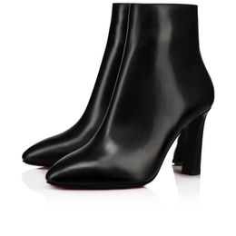 This boot is timeless and elegant black calfskin style with low-key same-color stitching. It is on the 85mm cross heel