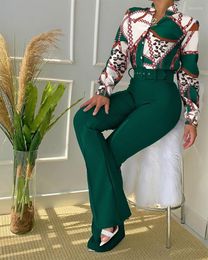 Women's Two Piece Pants S-3XL Autumn Trend Casual Leaf Print Buttoned Shirt & High Waist Bell-Bottoms Set Pieces Women Tracksuit Office