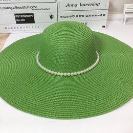 Breda randen hattar sommarkvinnor Pearl Straw Hat Large Edge Sunscreen Cap Kvinnlig Sun Beach för utomhusresor vikbar
