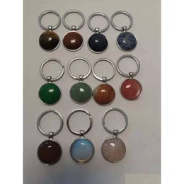 Key Rings Round Gemstone Keychain Sier Plated Ring With Natural Stone Quartz Crystal Tiger Eye Healing Beads Keyring Drop Delivery Je Dhytc