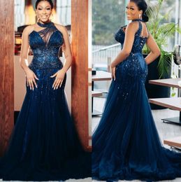 2023 Arabic Aso Ebi con perline Mermaid Prom Dresses Dark Navy Tulle Sexy Evening Formale Secondo ricevimento Accogliente abiti da fidanzamento di compleanno Zj770