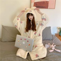 Women's Sleepwear 2023 Winter Korean Coral Strawberry Pyjamas Women's Plush Home Clothes Hooded Suit