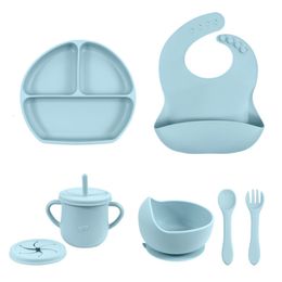 Cups Dishes Utensils 5PCS Silicone For Baby Feeding Set Sucker Bowl Plate Cup Bibs Spoon Fork Items Safe Dining Children Tableware 230202