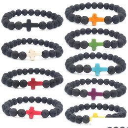 Beaded 8Mm Black Lava Stone Beads Cross Elastic Strand Bracelet Bangle For Women Men Jewelry Drop Delivery Bracelets Dhgarden Dheft